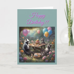 Whimsical racoon Garden birthday party Card