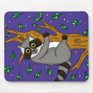 Whimsical Racoon Hanging from Tree Mouse Pad
