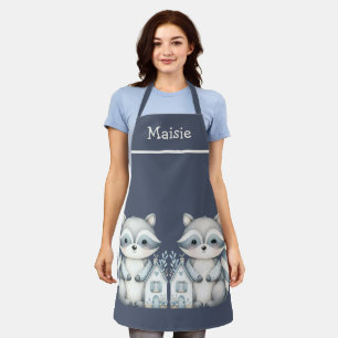 Whimsical Racoon Night Woodland Cottage Scene Apron