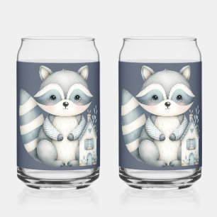 Whimsical Racoon Night Woodland Cottage Scene Can Glass