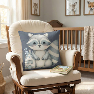 Whimsical Racoon Night Woodland Cottage Scene Cushion