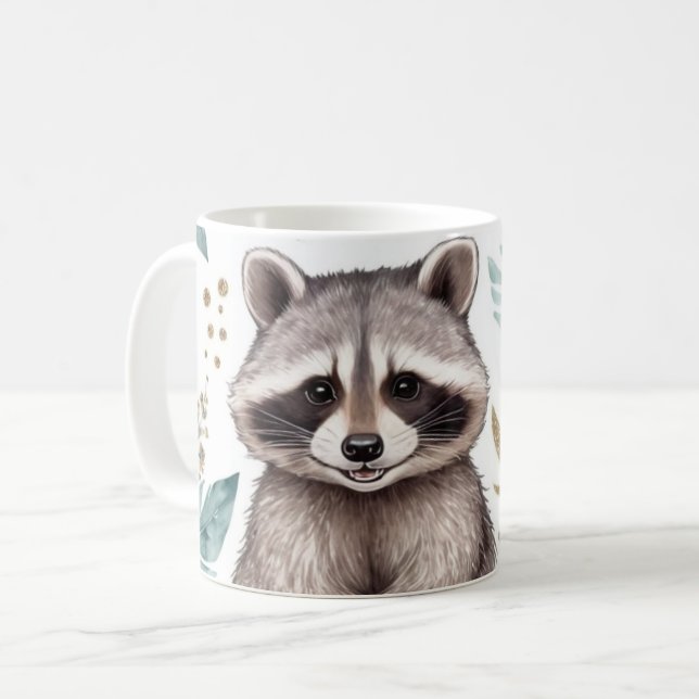 Whimsical Racoon with Floral Accents Coffee Mug (Front Left)