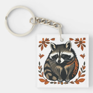 Whimsical Racoon Woodland Animal Folk or Tribal A Key Ring