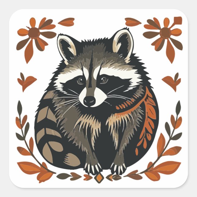 Whimsical Racoon Woodland Animal Folk or Tribal A Square Sticker (Front)