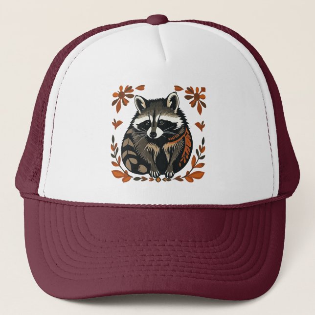 Whimsical Racoon Woodland Animal Folk or Tribal  Trucker Hat (Front)