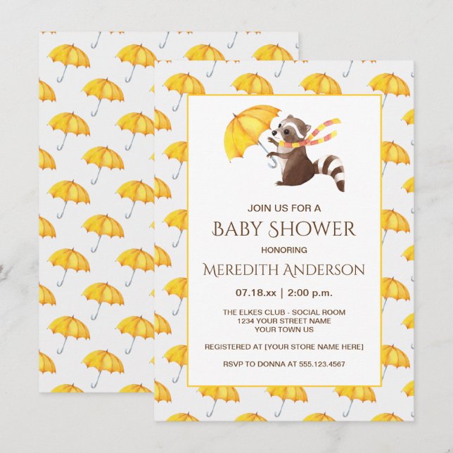 Whimsical Racoon Yellow Umbrellas Baby Shower Invitation (Front/Back)