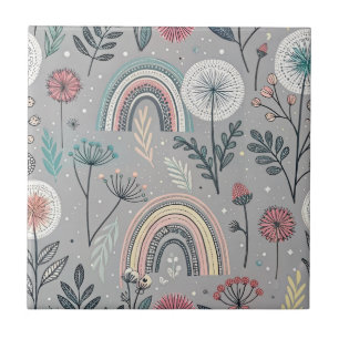 Whimsical Rainbow and Botanical Ceramic Tile