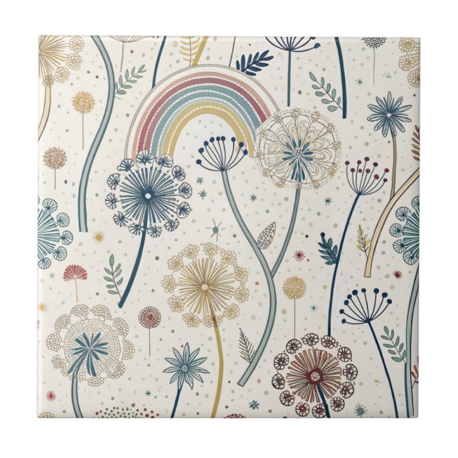 Whimsical Rainbow and Botanical Dandelions (2) Ceramic Tile (Front)