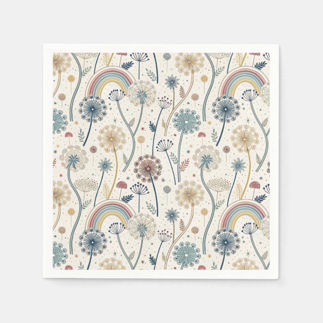 Whimsical Rainbow and Botanical Dandelions (2) Napkin (Front)