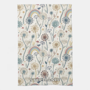 Whimsical Rainbow and Botanical Dandelions (2) Tea Towel
