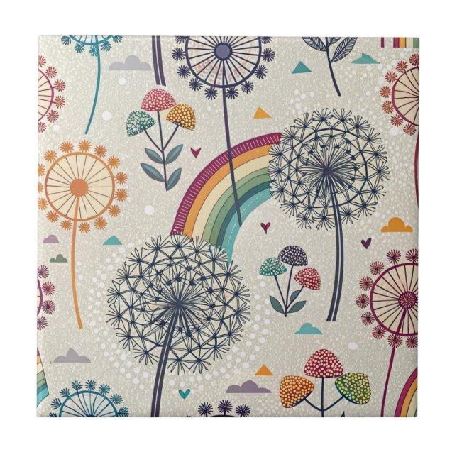 Whimsical Rainbow and Botanical Dandelions Ceramic Tile (Front)