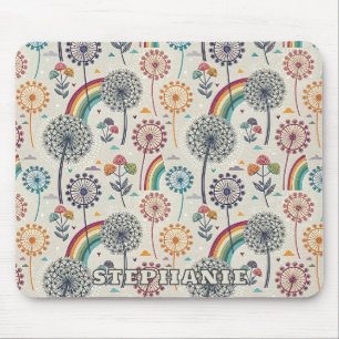Whimsical Rainbow and Botanical Dandelions Mouse Pad