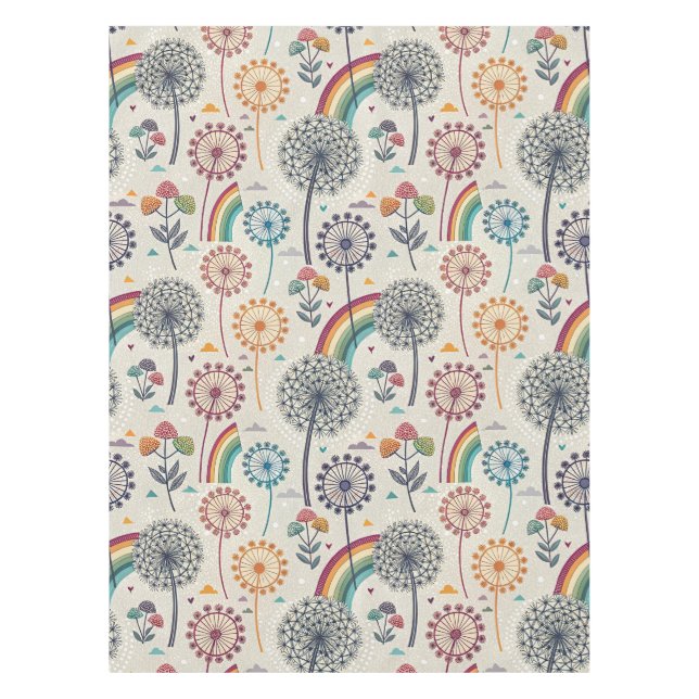 Whimsical Rainbow and Botanical Dandelions Tablecloth (Front)