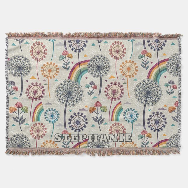 Whimsical Rainbow and Botanical Dandelions Throw Blanket (Front)