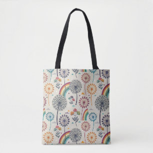Whimsical Rainbow and Botanical Dandelions Tote Bag