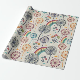 Whimsical Rainbow and Botanical Dandelions Wrapping Paper