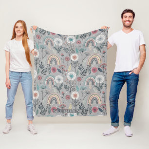 Whimsical Rainbow and Botanical Fleece Blanket
