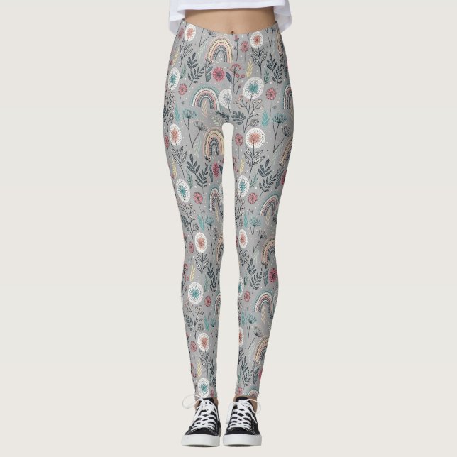 Whimsical Rainbow and Botanical Leggings (Front)