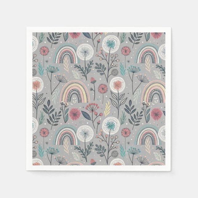 Whimsical Rainbow and Botanical Napkin (Front)