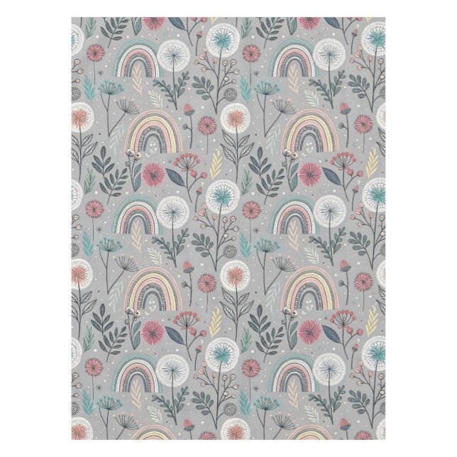Whimsical Rainbow and Botanical Tablecloth (Front)