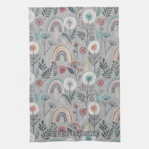 Whimsical Rainbow and Botanical Tea Towel