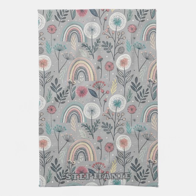 Whimsical Rainbow and Botanical Tea Towel (Vertical)