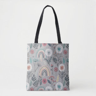 Whimsical Rainbow and Botanical Tote Bag