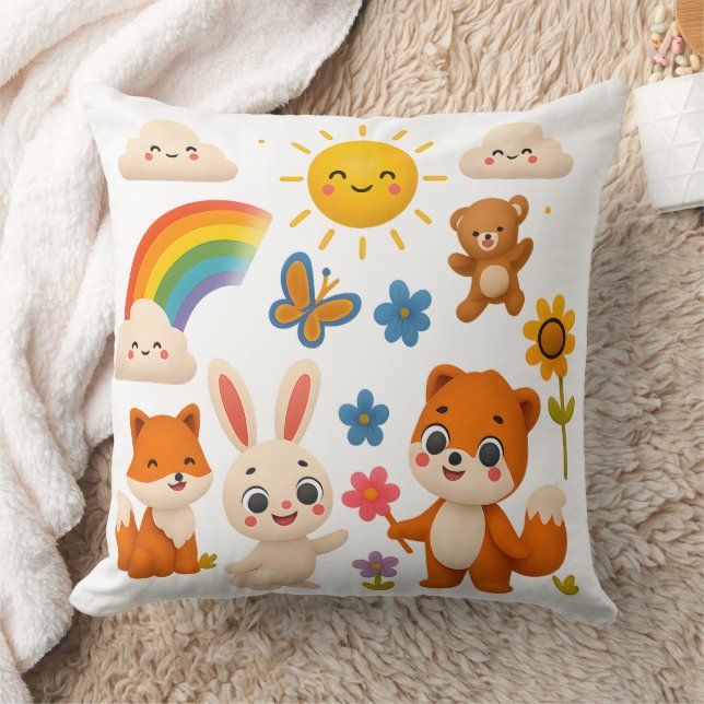 Whimsical Rainbow Animals Decorative Pillow (Blanket)