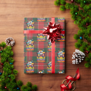 Whimsical Rainbow Cat in Gift Bag Red Tartan Wrapping Paper