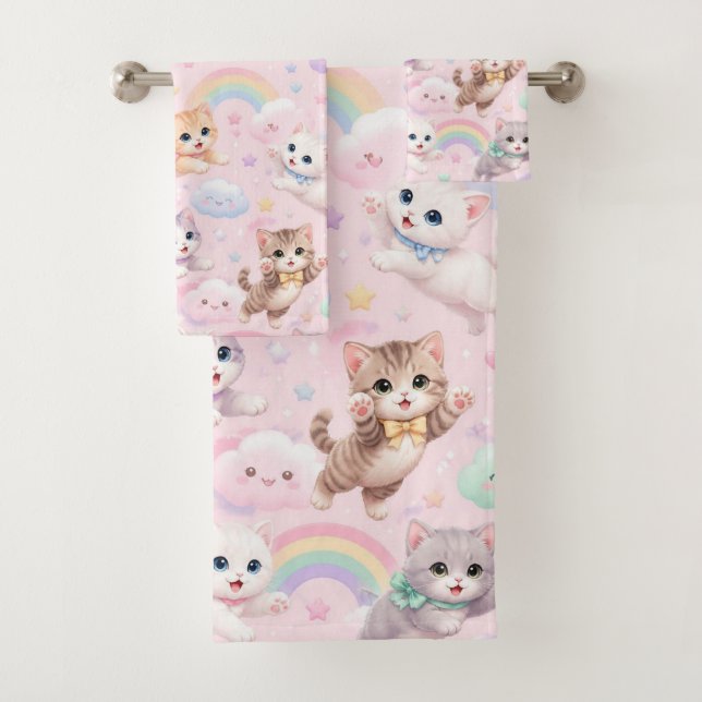 Whimsical Rainbow Clouds Flying Kittens Magical Bath Towel Set (Insitu)