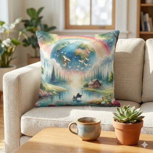 Whimsical Rainbow Earth Fantasy Scene Cushion