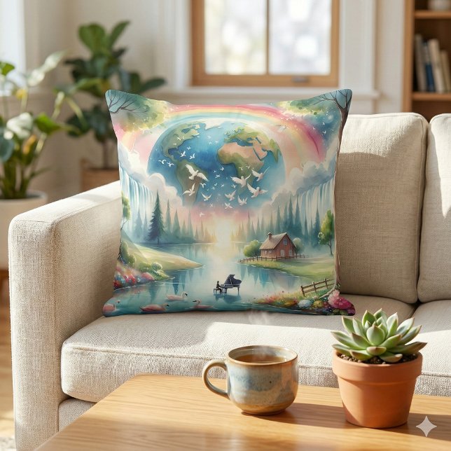 Whimsical Rainbow Earth Fantasy Scene Cushion (Whimsical Rainbow Earth Fantasy Scene Throw Pillow Mockup A)