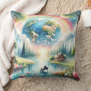 Whimsical Rainbow Earth Fantasy Scene Cushion