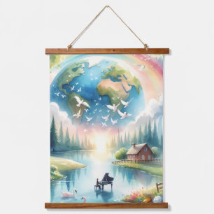 Whimsical Rainbow Earth Fantasy Scene Hanging Tapestry