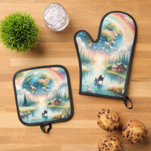 Whimsical Rainbow Earth Fantasy Scene Oven Mitt & Pot Holder Set