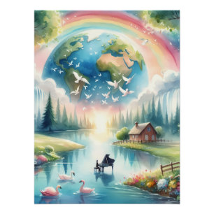 Whimsical Rainbow Earth Fantasy Scene Poster