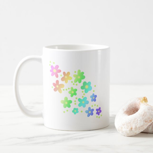 Whimsical Rainbow Flowers Coffee Mug (With Donut)
