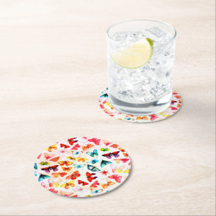 Whimsical Rainbow Forest Butterfly Watercolor Round Paper Coaster