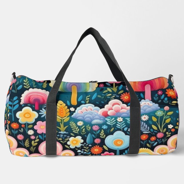 Whimsical Rainbow Garden Floral Fantasy Pattern Duffle Bag (Front)