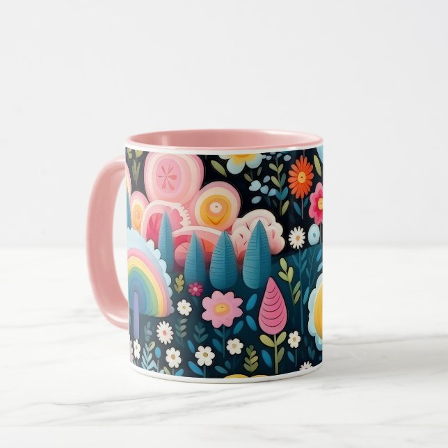 Whimsical Rainbow Garden Floral Fantasy Pattern Mug (Front Left)