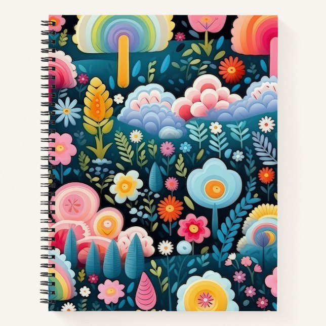 Whimsical Rainbow Garden Floral Fantasy Pattern Notebook (Front)