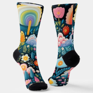 Whimsical Rainbow Garden Floral Fantasy Pattern Socks