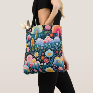 Whimsical Rainbow Garden Floral Fantasy Pattern Tote Bag