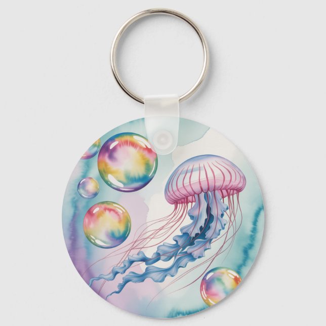 Whimsical Rainbow Jellyfish Watercolor Design Key Ring (Front)