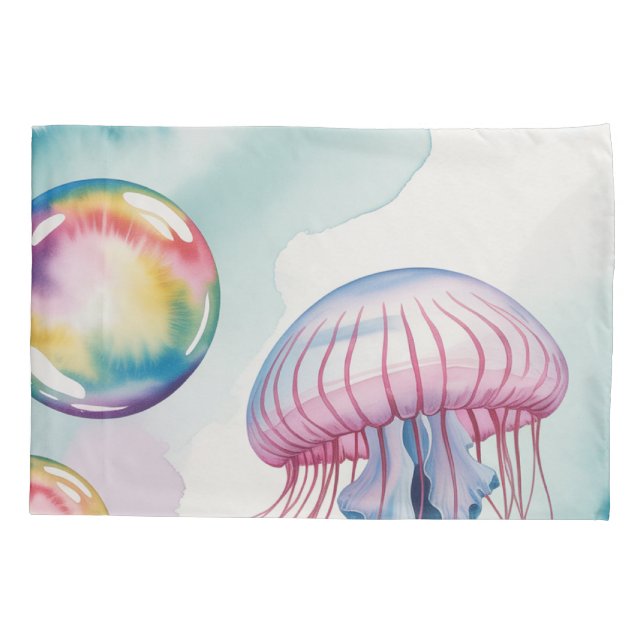 Whimsical Rainbow Jellyfish Watercolor Design Pillowcase (Back)