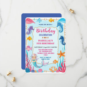 whimsical rainbow mermaid seahorse star birthday save the date