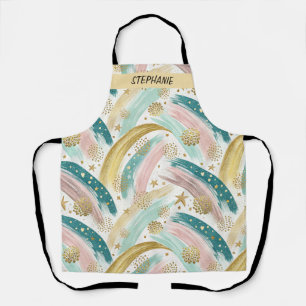 Whimsical Rainbow Pastel Abstract with Gold Stars Apron