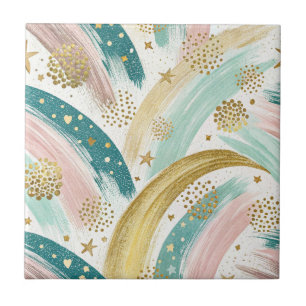 Whimsical Rainbow Pastel Abstract with Gold Stars Ceramic Tile