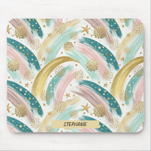 Whimsical Rainbow Pastel Abstract with Gold Stars Mouse Pad