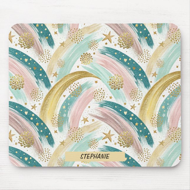 Whimsical Rainbow Pastel Abstract with Gold Stars Mouse Pad (Front)